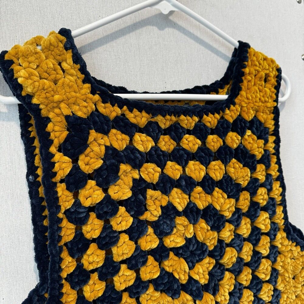 Handmade Blue Gold Granny Square Cropped Vest Game Day Georgia Tech Michigan - Picture 2 of 6